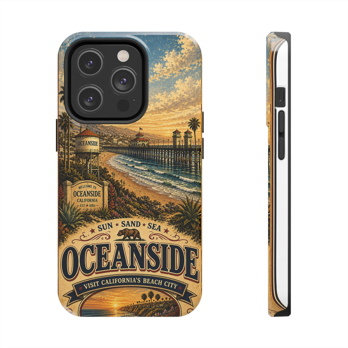 Oceanside Sunset Pier Faux Patchwork Phone Case – California Coastal Vintage Travel Art Beach Cover