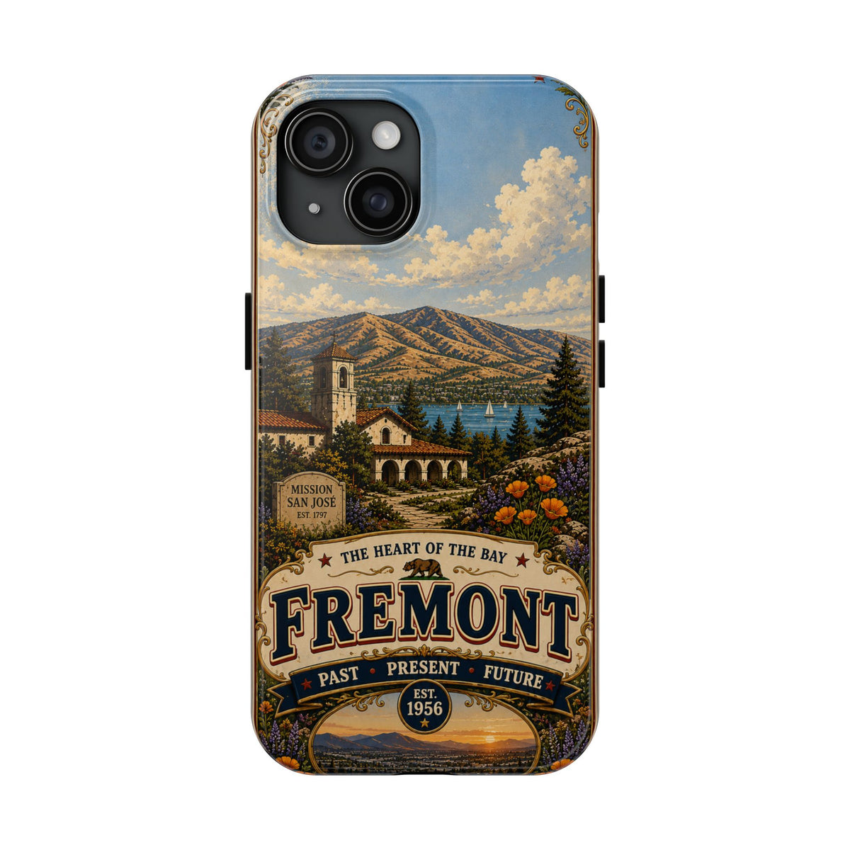 Fremont California Faux Patchwork Phone Case – Heart of the Bay Retro Travel Art, Mission San José Landmark Cover