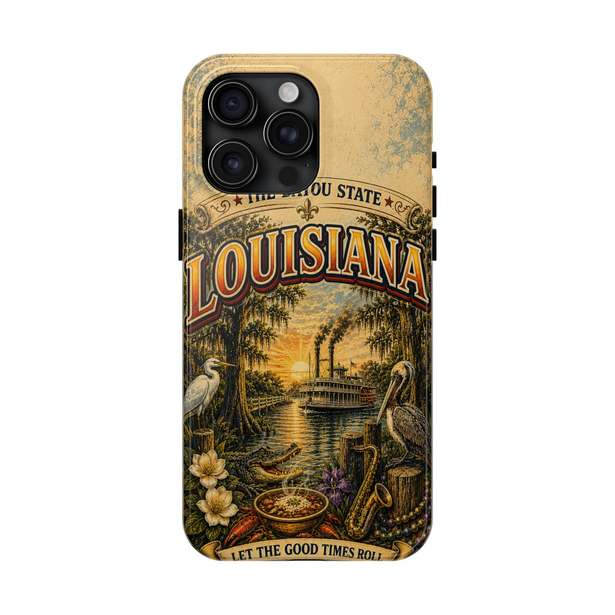 Louisiana Bayou State Faux Patchwork Phone Case – Vintage Travel Poster Style Louisiana Souvenir Cover for iPhone & Samsung