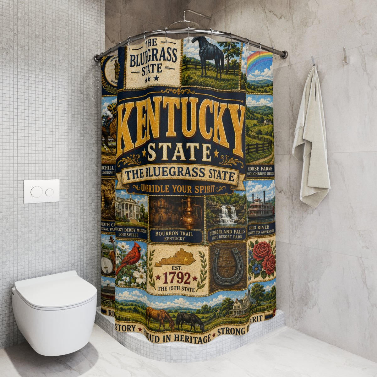 Kentucky Shower Curtain, Bluegrass State Decor, Horse Country Faux Patchwork, Rustic Kentucky Bathroom Decor