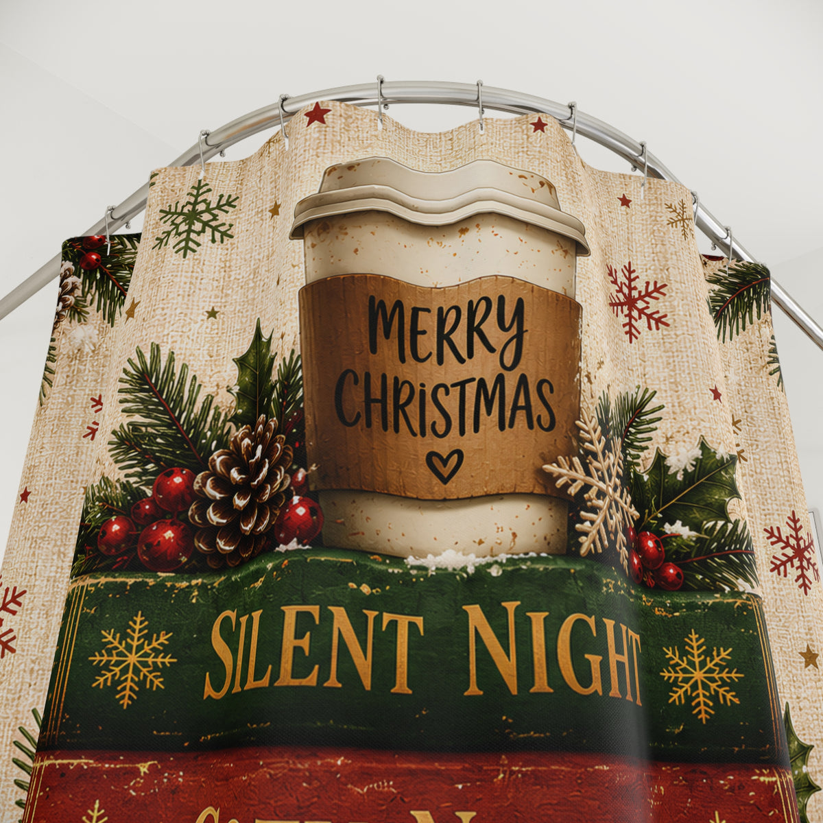 Christmas Book Stack Shower Curtain Silent Night Hot Cocoa Winter Wonderland Rustic Farmhouse Holiday Bathroom Decor