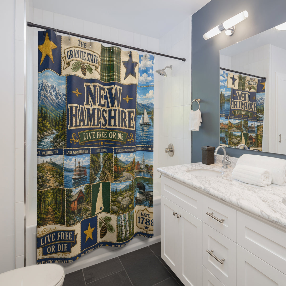 New Hampshire Shower Curtain Live Free or Die Faux Patchwork Granite State Mountain Lake Rustic Americana Bathroom Decor