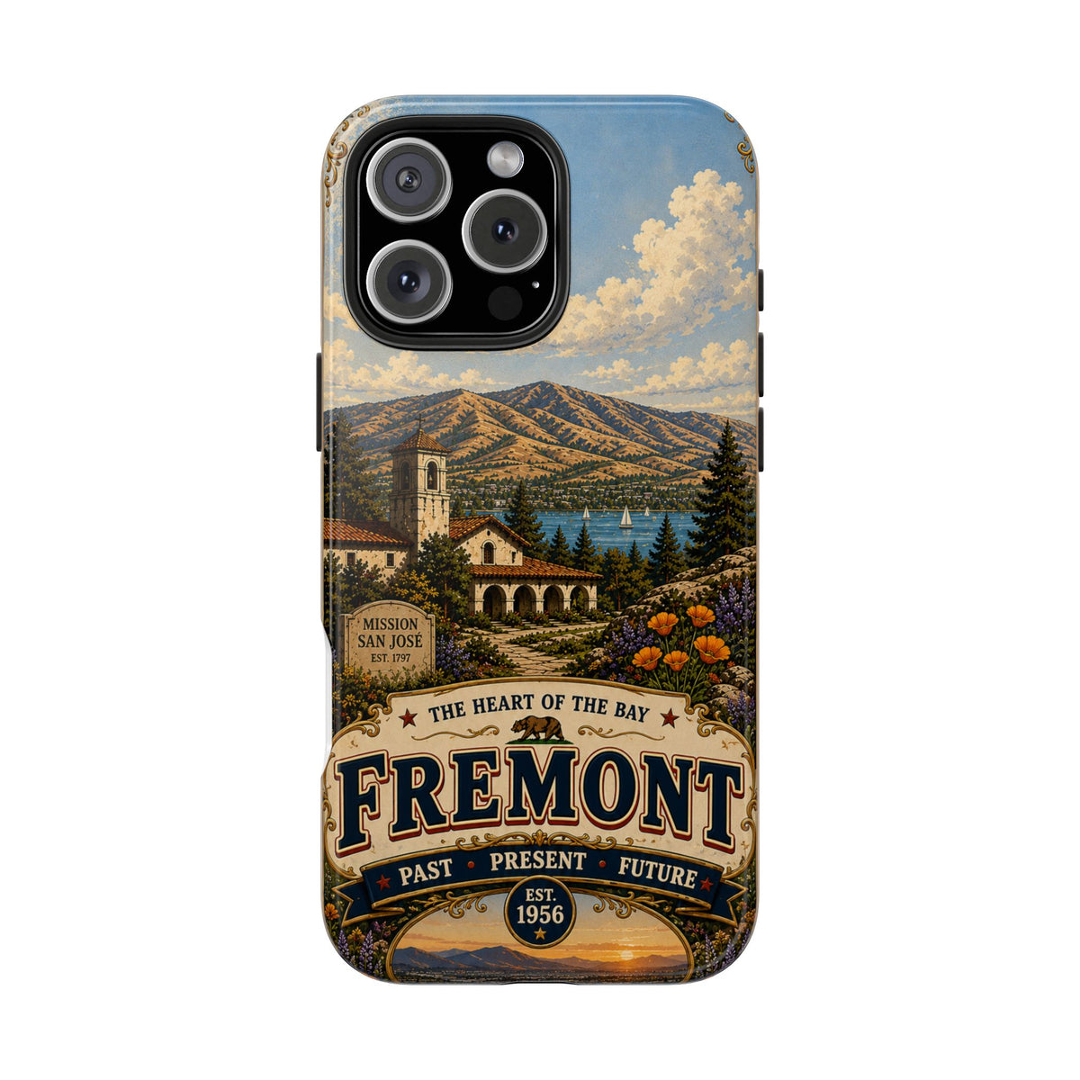 Fremont California Faux Patchwork Phone Case – Heart of the Bay Retro Travel Art, Mission San José Landmark Cover