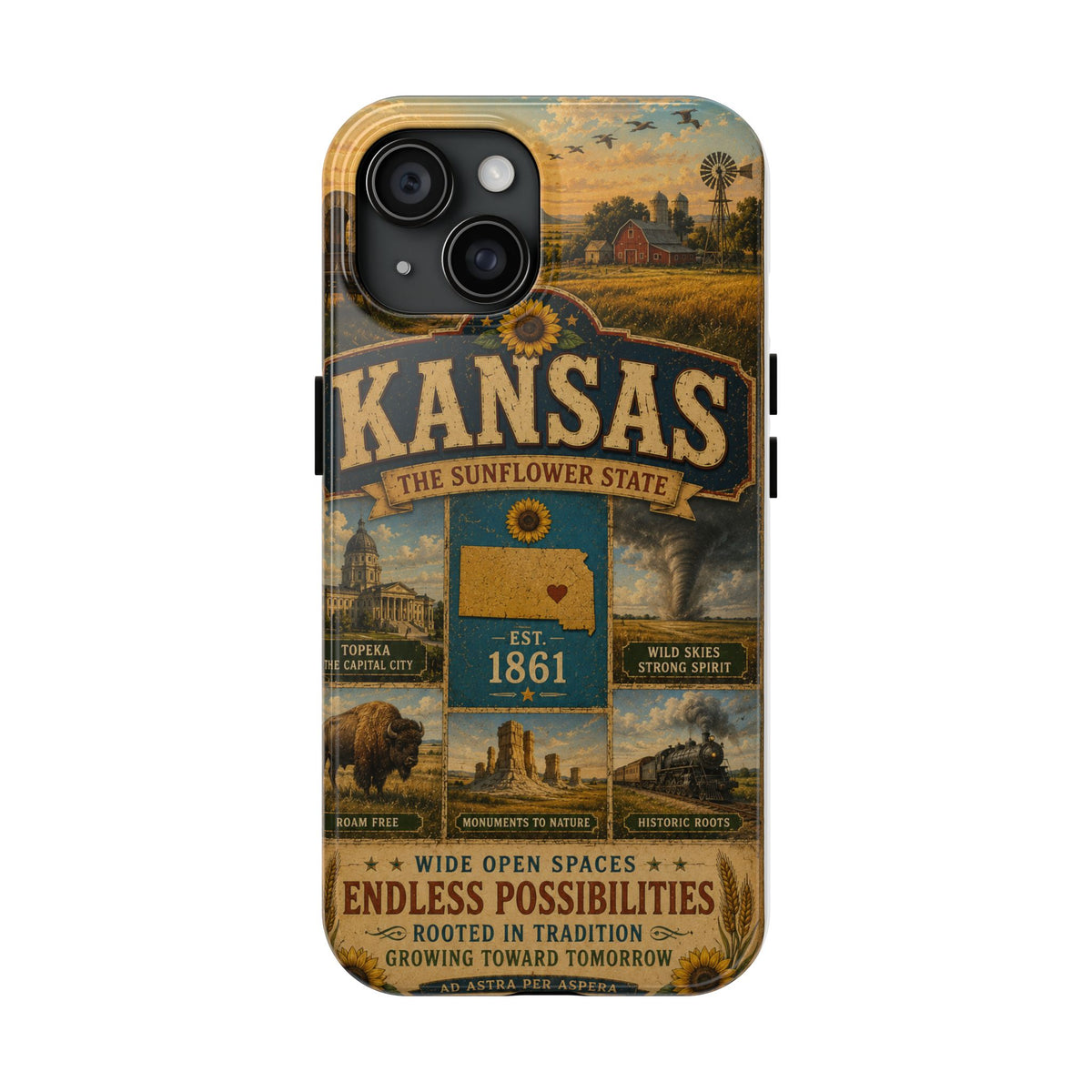 Kansas Faux Patchwork Phone Case – The Sunflower State Vintage Travel Poster Retro State Pride Cover Est 1861 for iPhone & Samsung