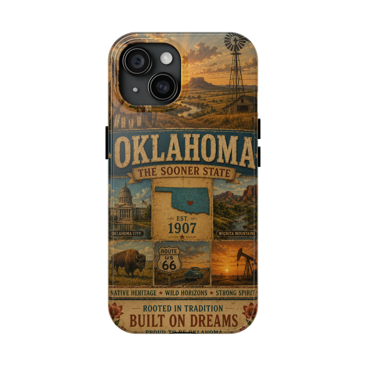 write me a title and product description for this United State phone case with Slogan  "Oklahoma Faux Patchwork Phone Case The Sooner State Vintage Travel Poster Retro State Pride Cover Est 1907"...