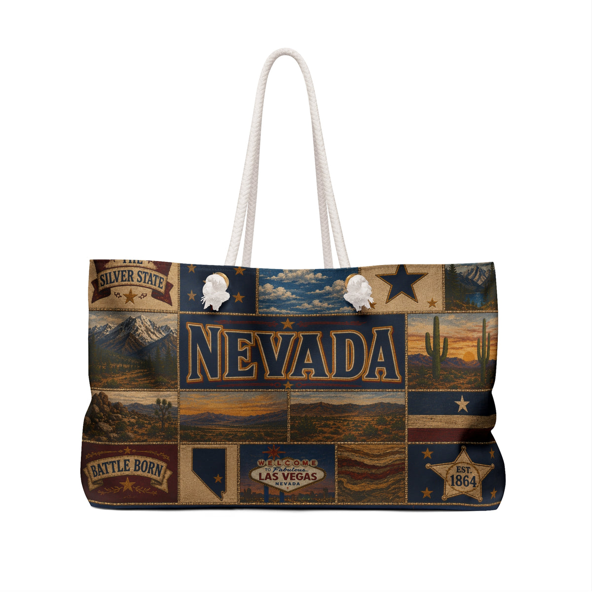 Nevada Weekender Bag Battle Born Faux Patchwork Travel Tote Silver State Vintage Desert Western Adventure Gift