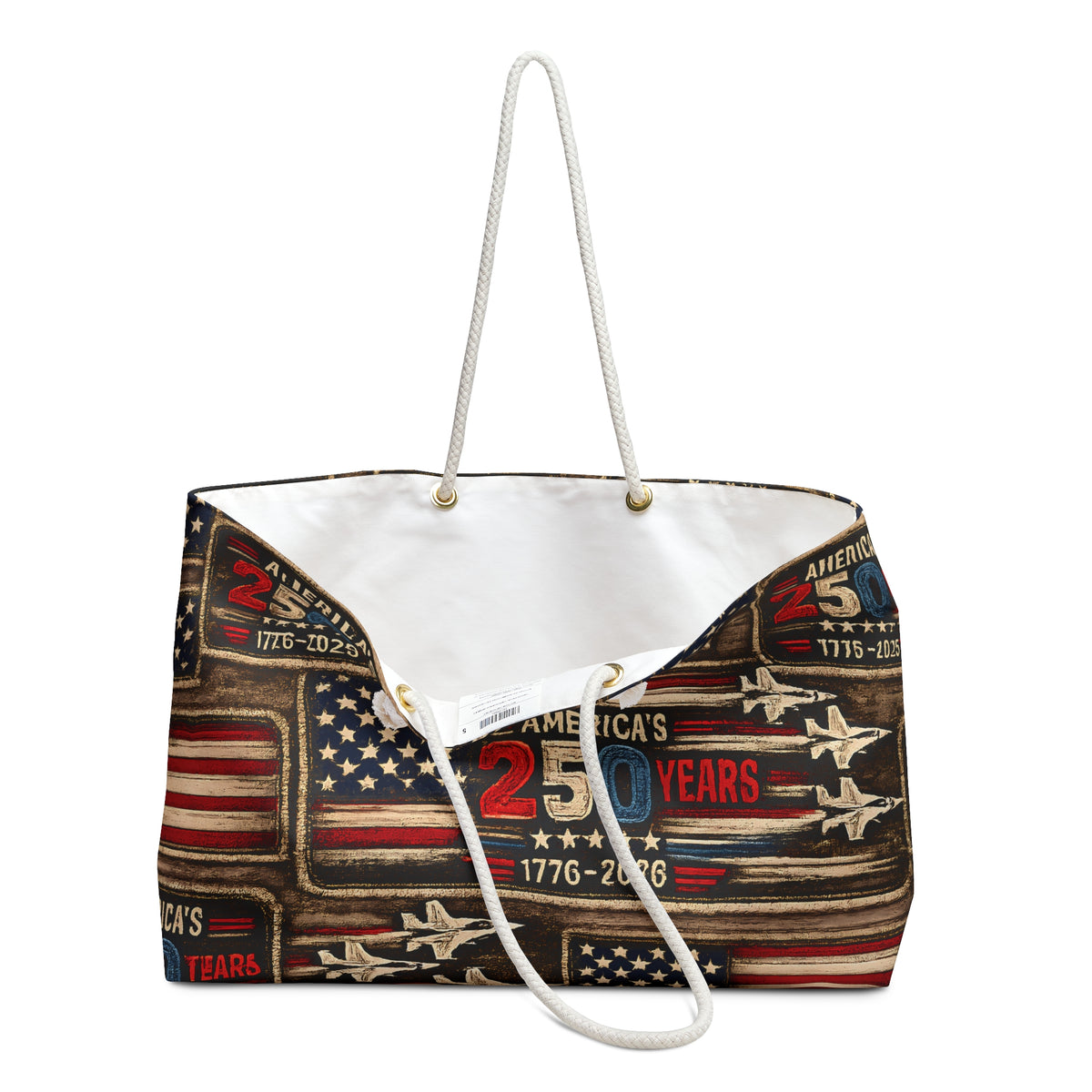 America's 250 Years Patriotic Fighter Jets Weekender Bag Faux Patchwork American Flag Travel Tote 1776-2026