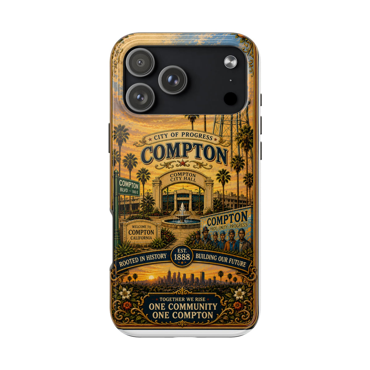 Compton Heritage Tough PhoCompton California Vintage Travel Phone Case City of Progress Retro Skyline Landmark Coverne Case — "One Community, One Compton" Vintage City Design