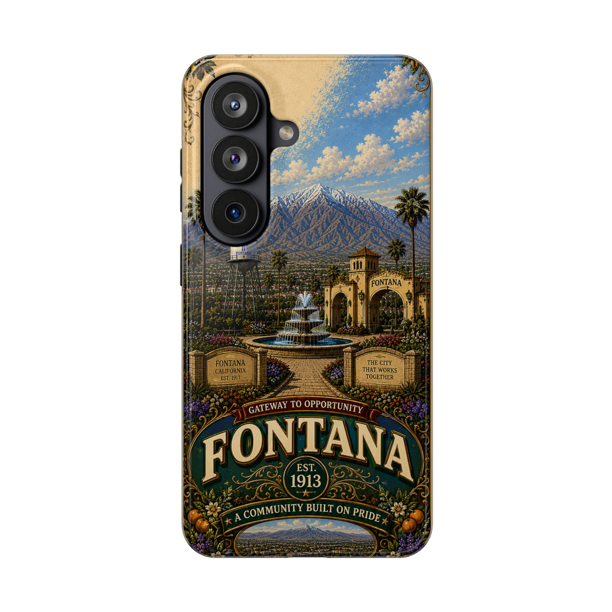 Fontana Faux Patchwork Phone Case – Gateway to Opportunity Retro Travel Cover for iPhone 17 Samsung S26
