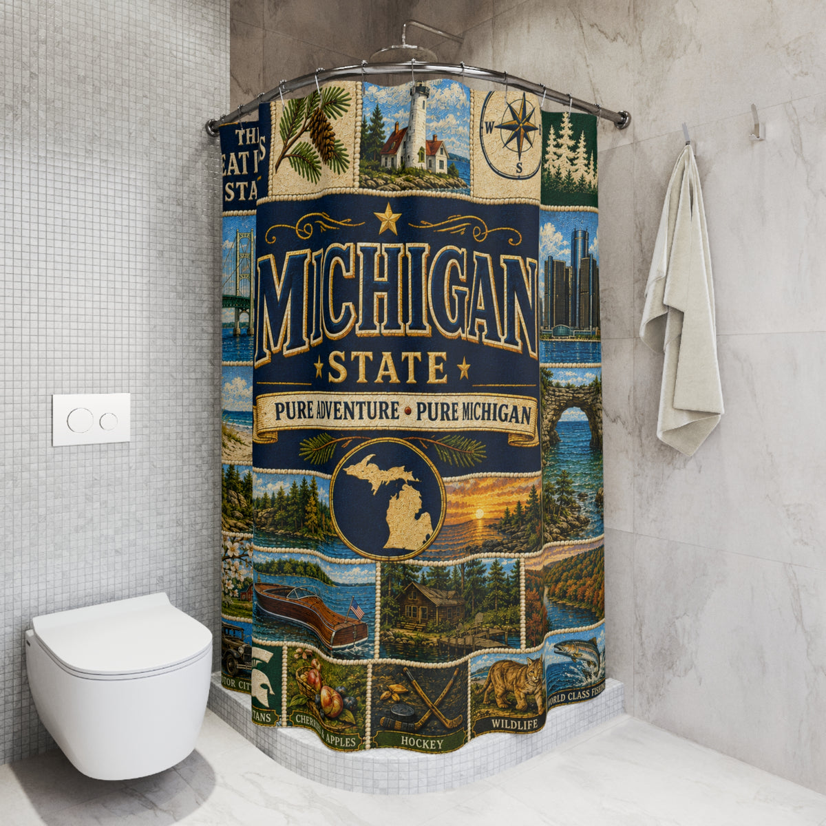 Michigan Shower Curtain, Great Lakes State Decor, Scenic Lake Life Faux Patchwork, Michigan Landmark Bathroom Decor