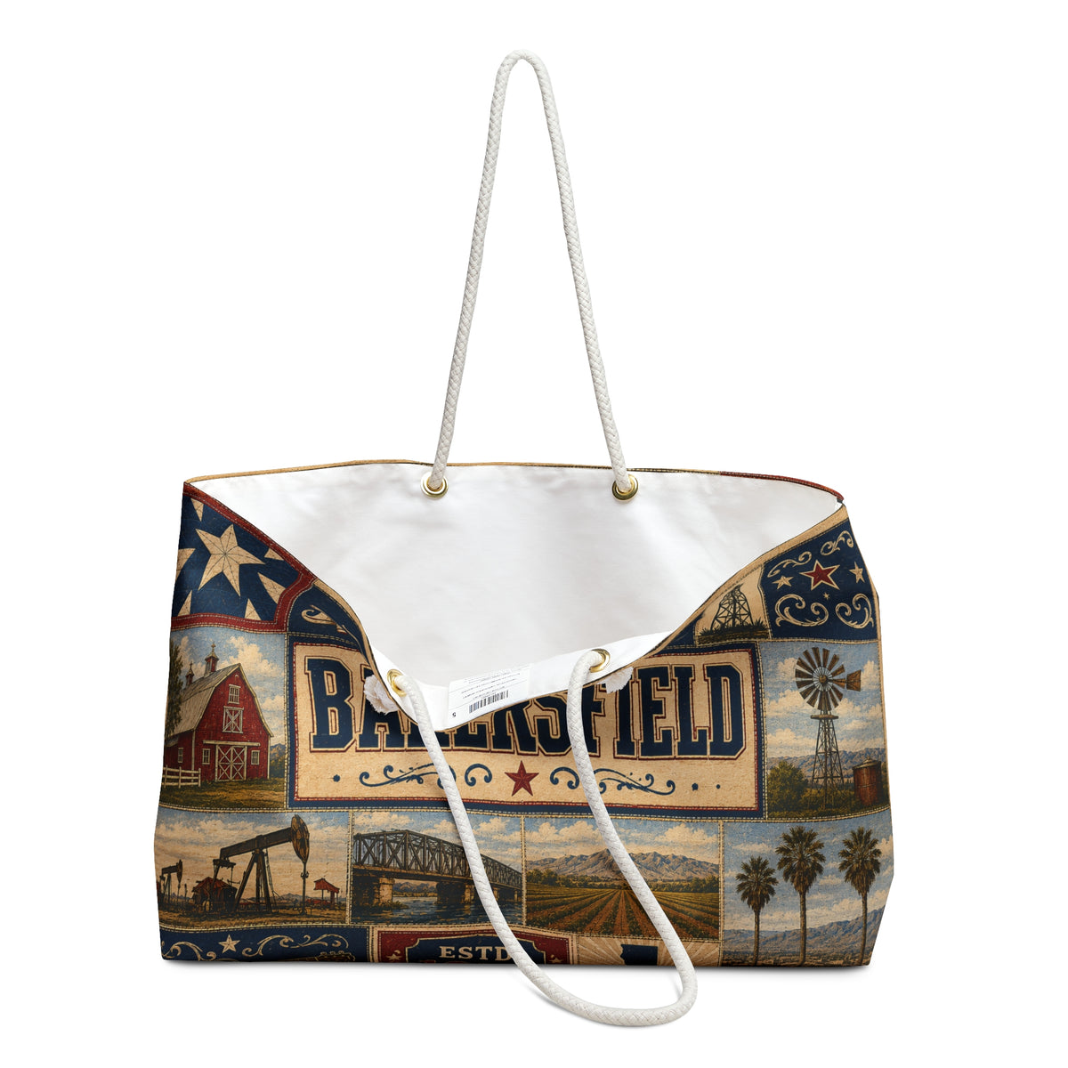 Bakersfield California Weekender Bag Country Music Capital Faux Patchwork Travel Tote Rustic Western Vintage Getaway Gift