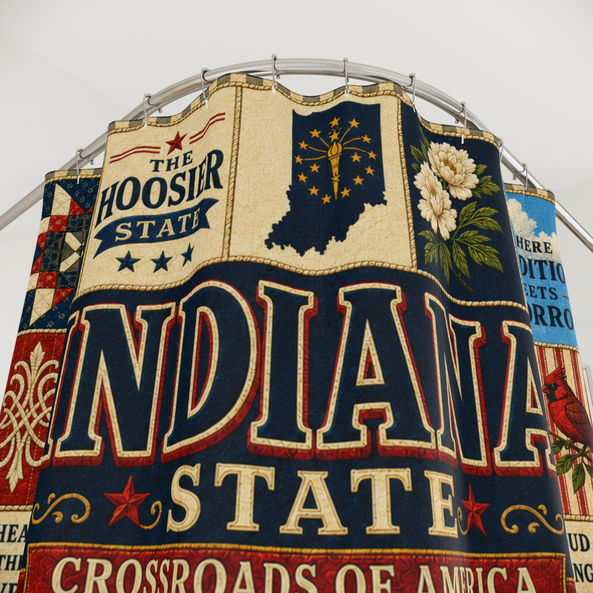 Indiana Shower Curtain, Hoosier State Decor, Crossroads of America Faux Patchwork, Indiana Landmark Bathroom Decor