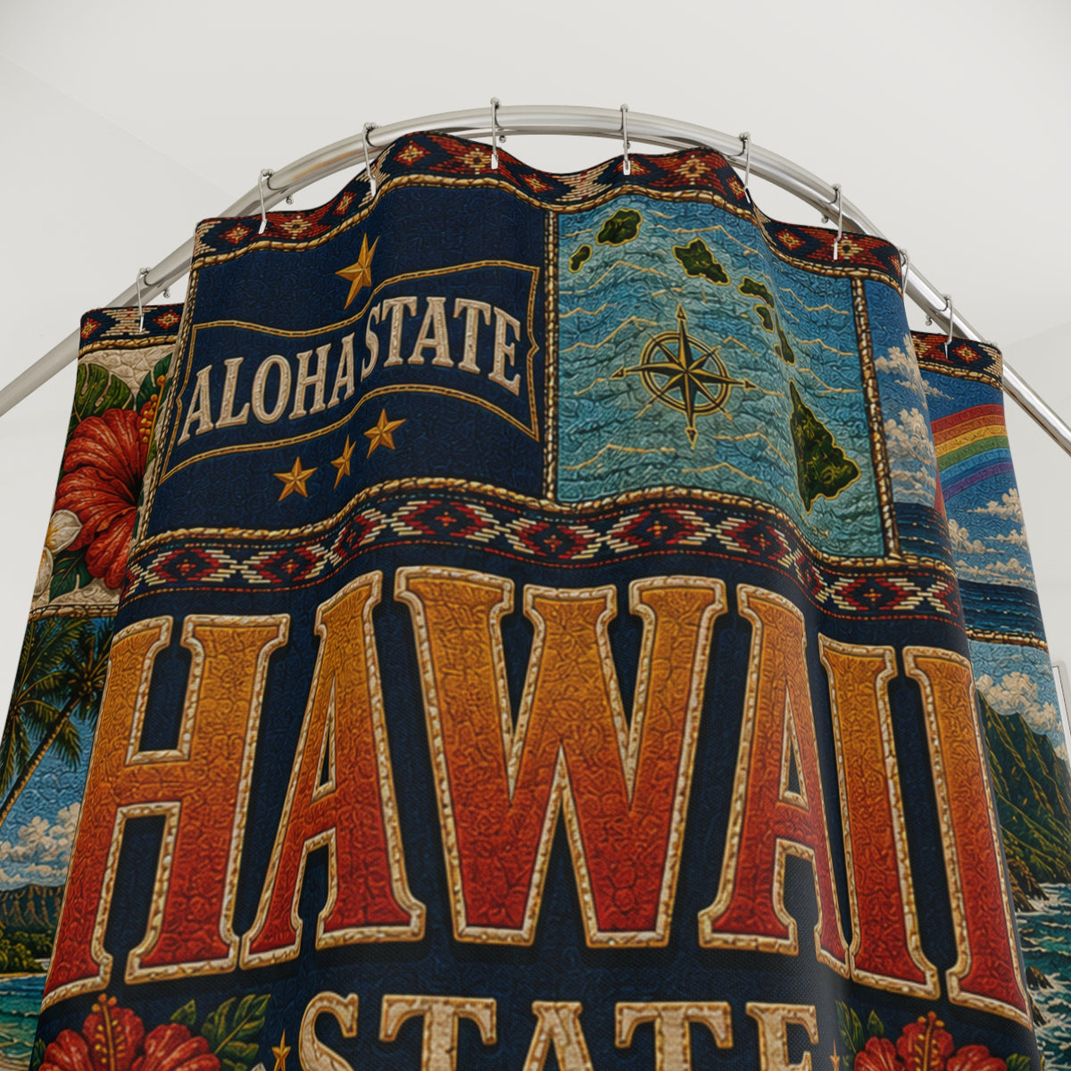 Hawaii State Shower Curtain Aloha State Faux Patchwork Paradise of the Pacific Tropical Island Landmarks Hawaiian Bathroom Decor