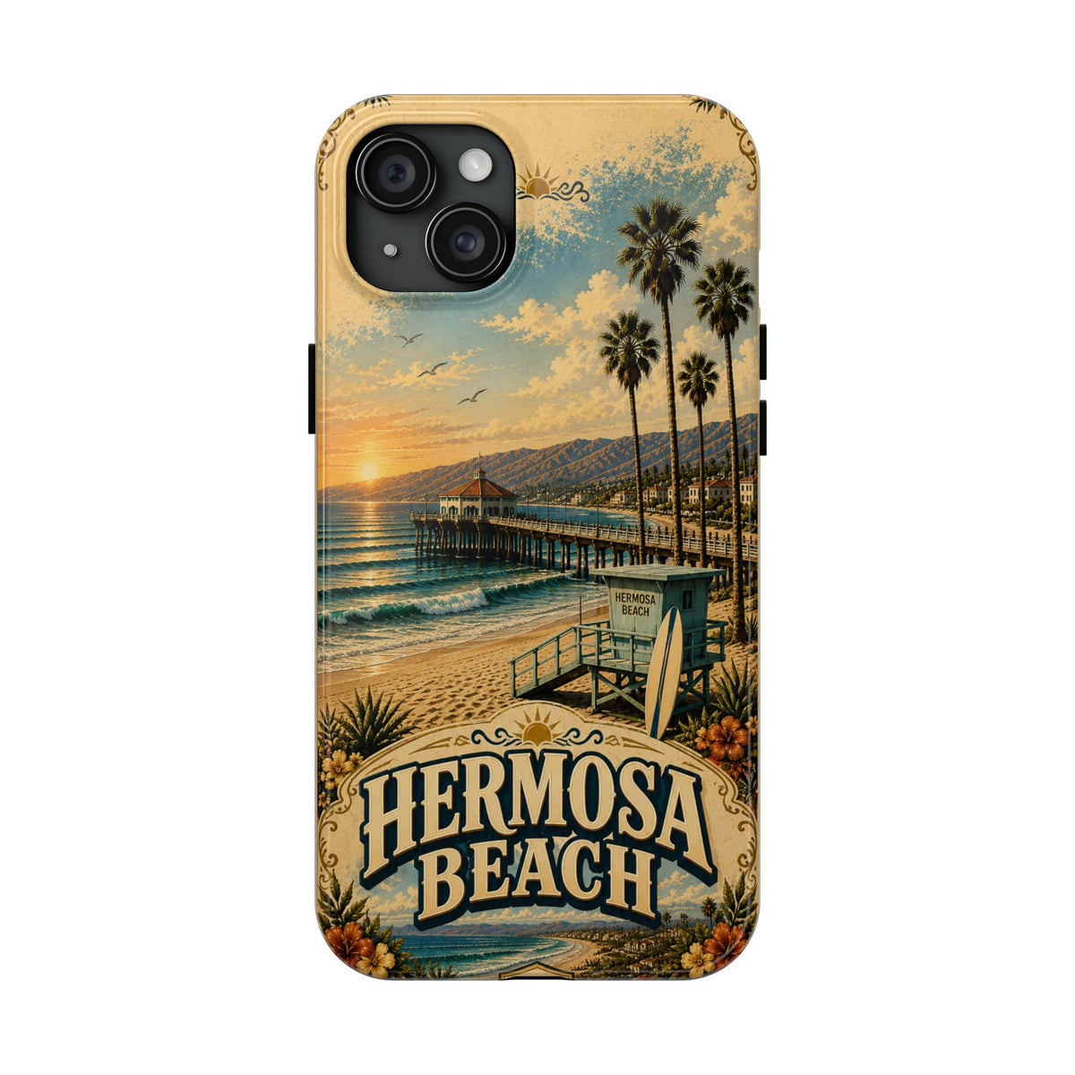 Coastal Pier Faux Patchwork Phone Case – Sunset Waves & Surf Retro California Beach Art Cover