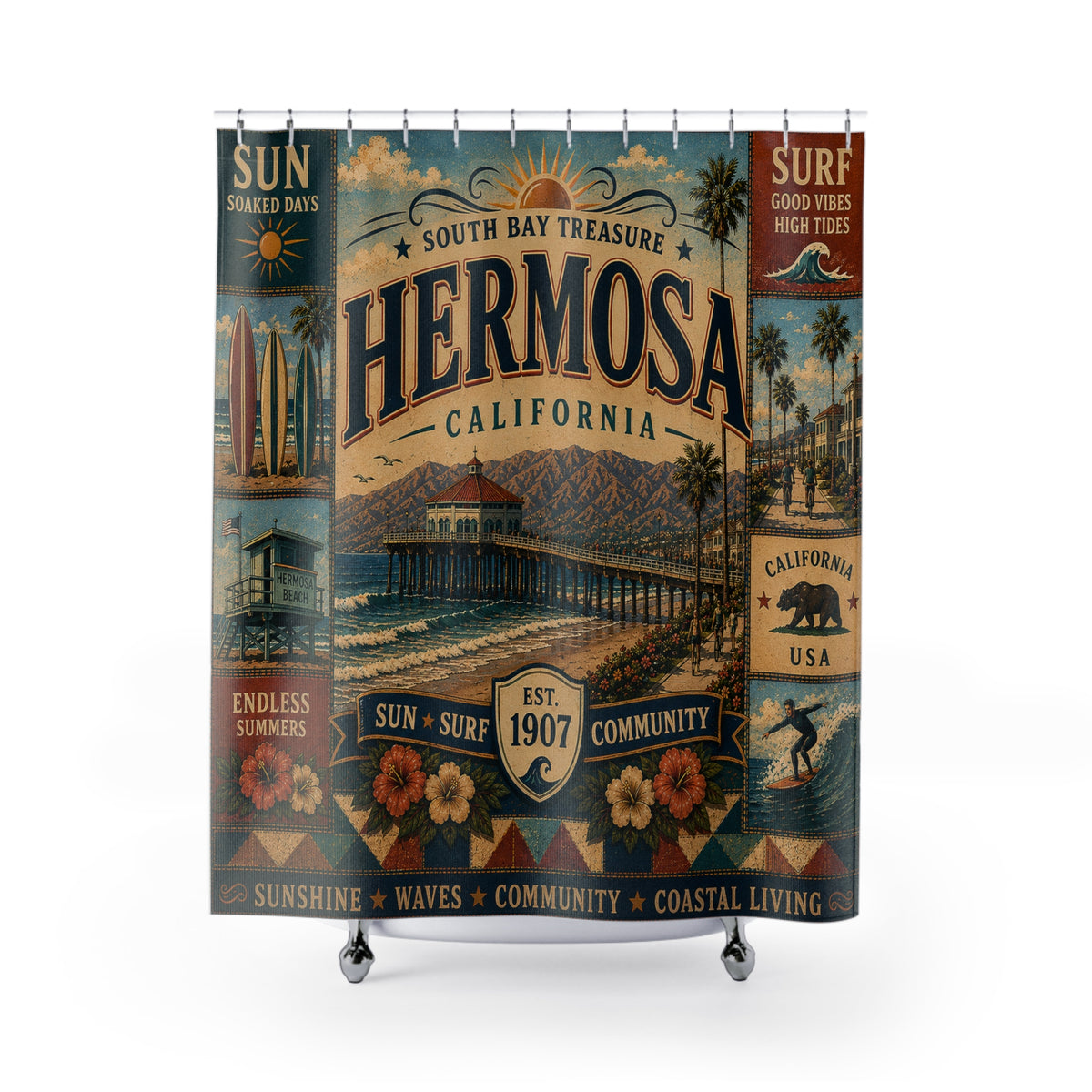 Hermosa Beach California Shower Curtain South Bay Faux Patchwork Sun Surf Coastal Bathroom Decor