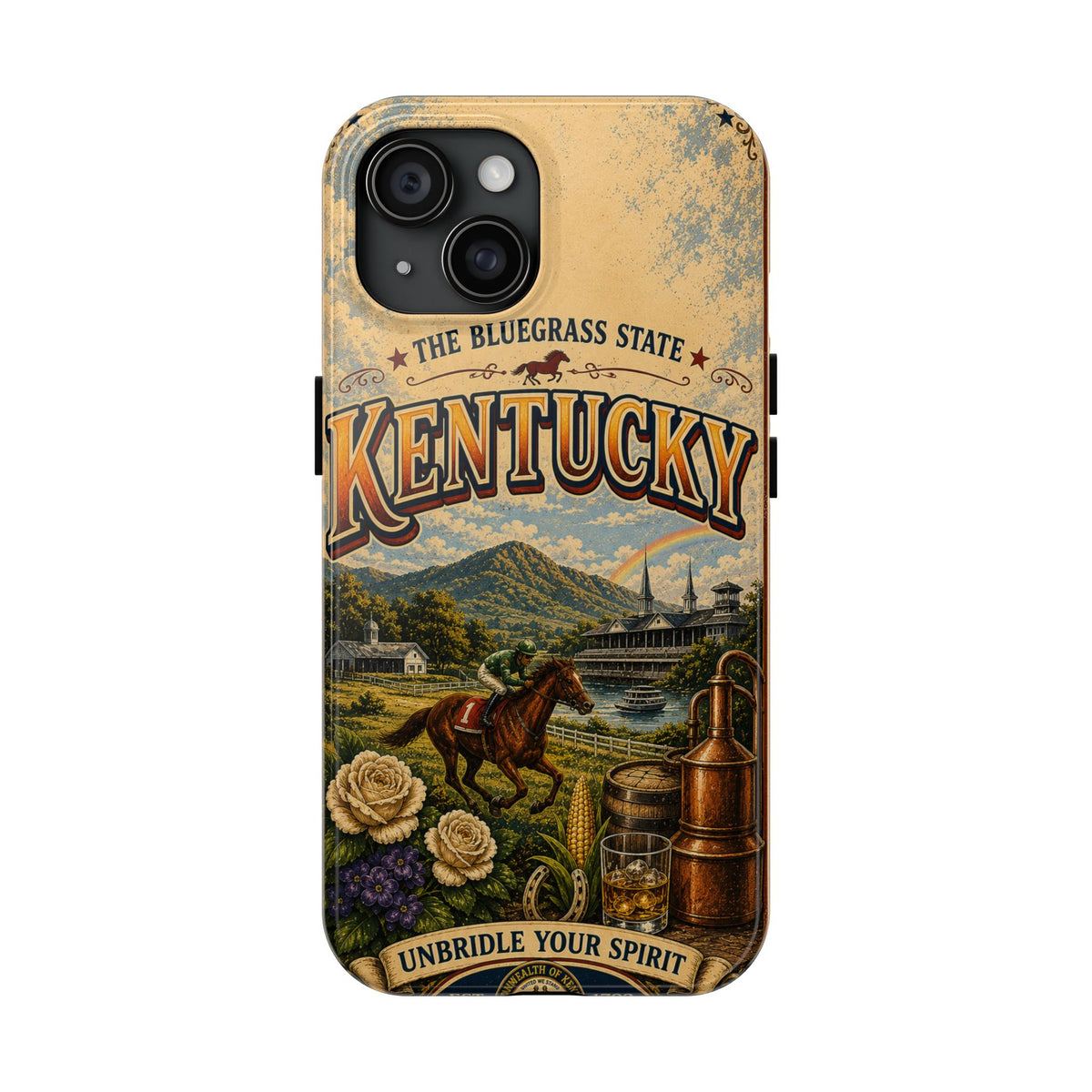 Kentucky Bluegrass State Faux Patchwork Phone Case – Vintage Travel Poster Style Kentucky Souvenir Cover for iPhone & Samsung