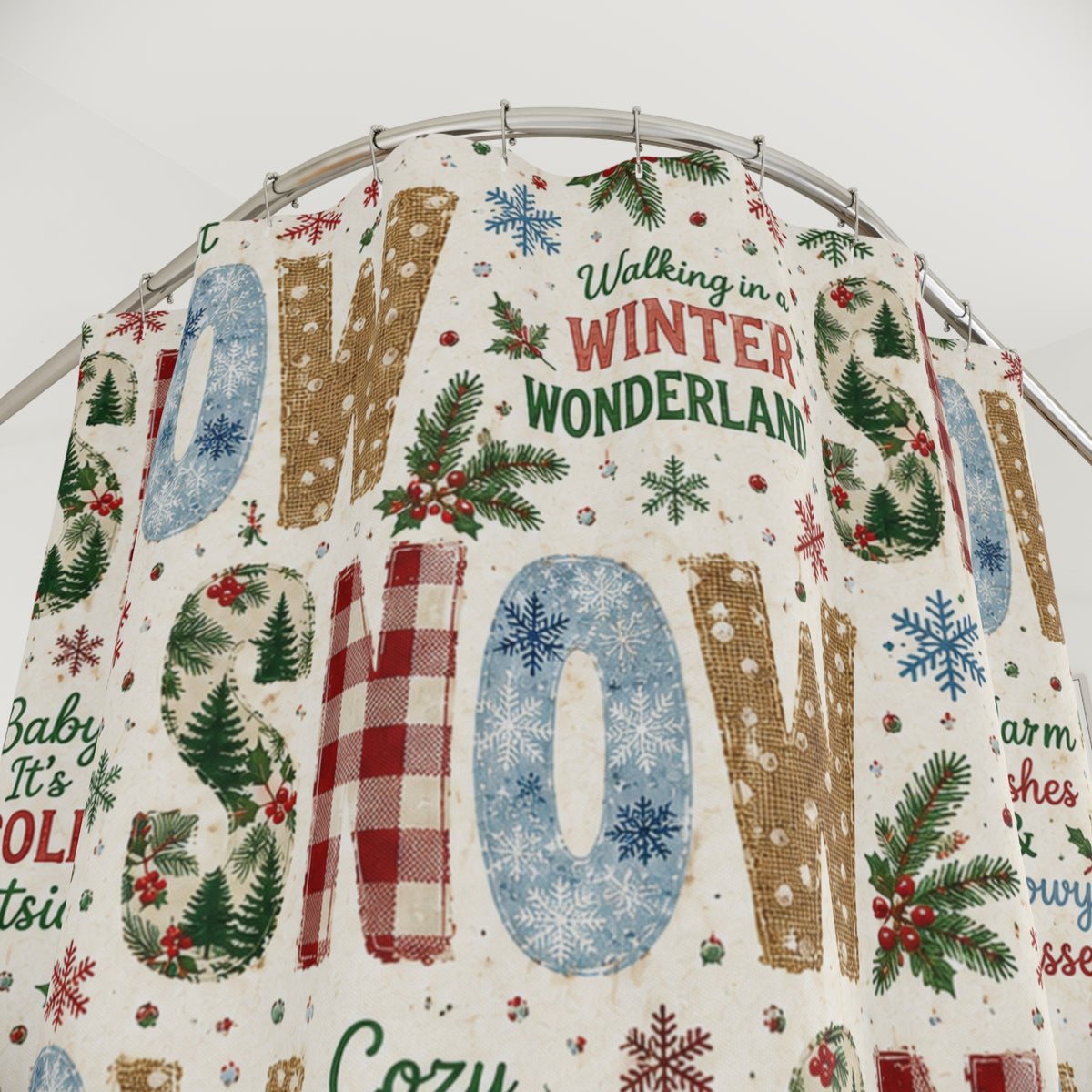 Christmas Snow Shower Curtain Faux Patchwork Winter Wonderland Plaid Snowflakes Pine Trees Rustic Farmhouse Holiday Bathroom Decor