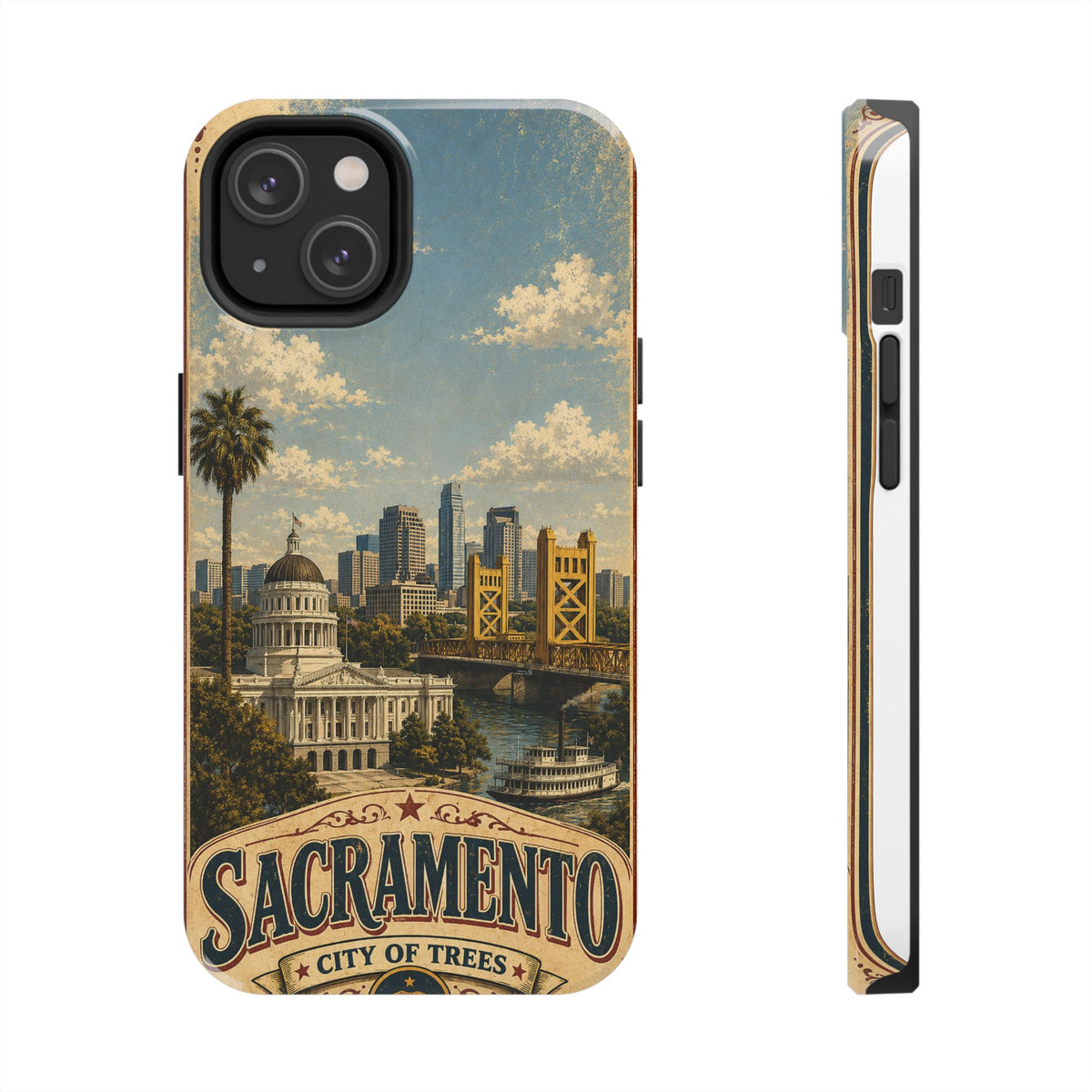 Sacramento City of Trees Faux Patchwork Phone Case Vintage California Landmark Travel Poster Cover