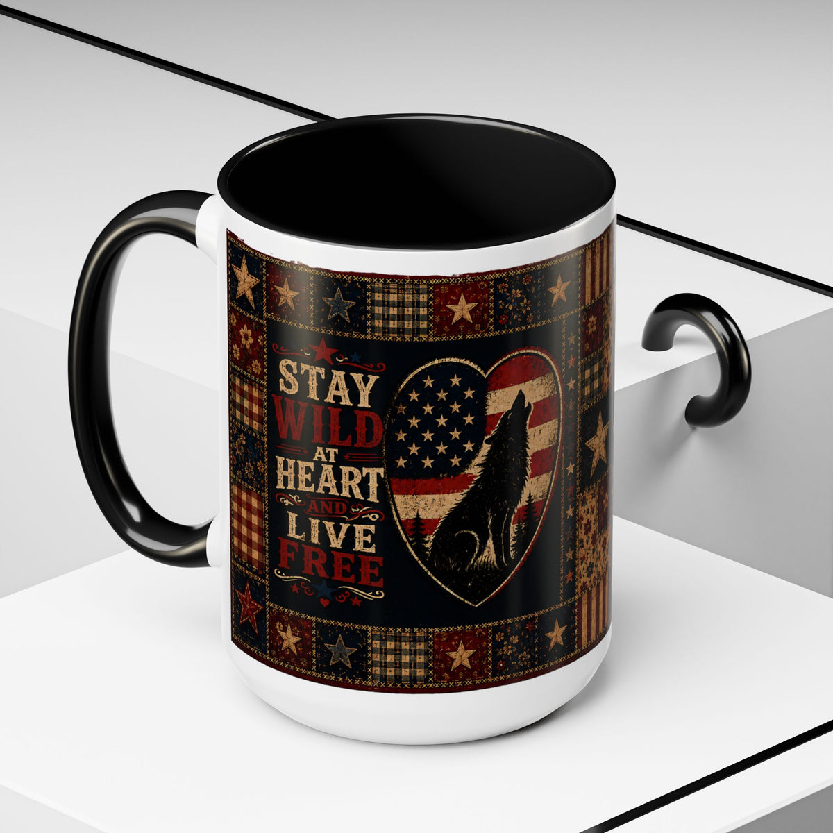 Patriotic Wolf Coffee Mug - "Stay Wild at Heart, Live Free" Accent Mug