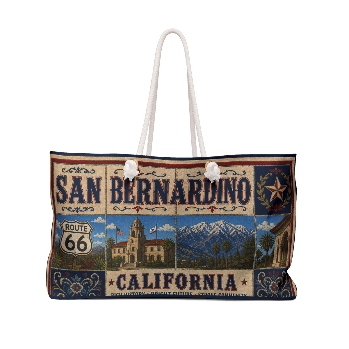 San Bernardino California Weekender Bag Route 66 Faux Patchwork Travel Tote Vintage Inland Empire Adventure Gift