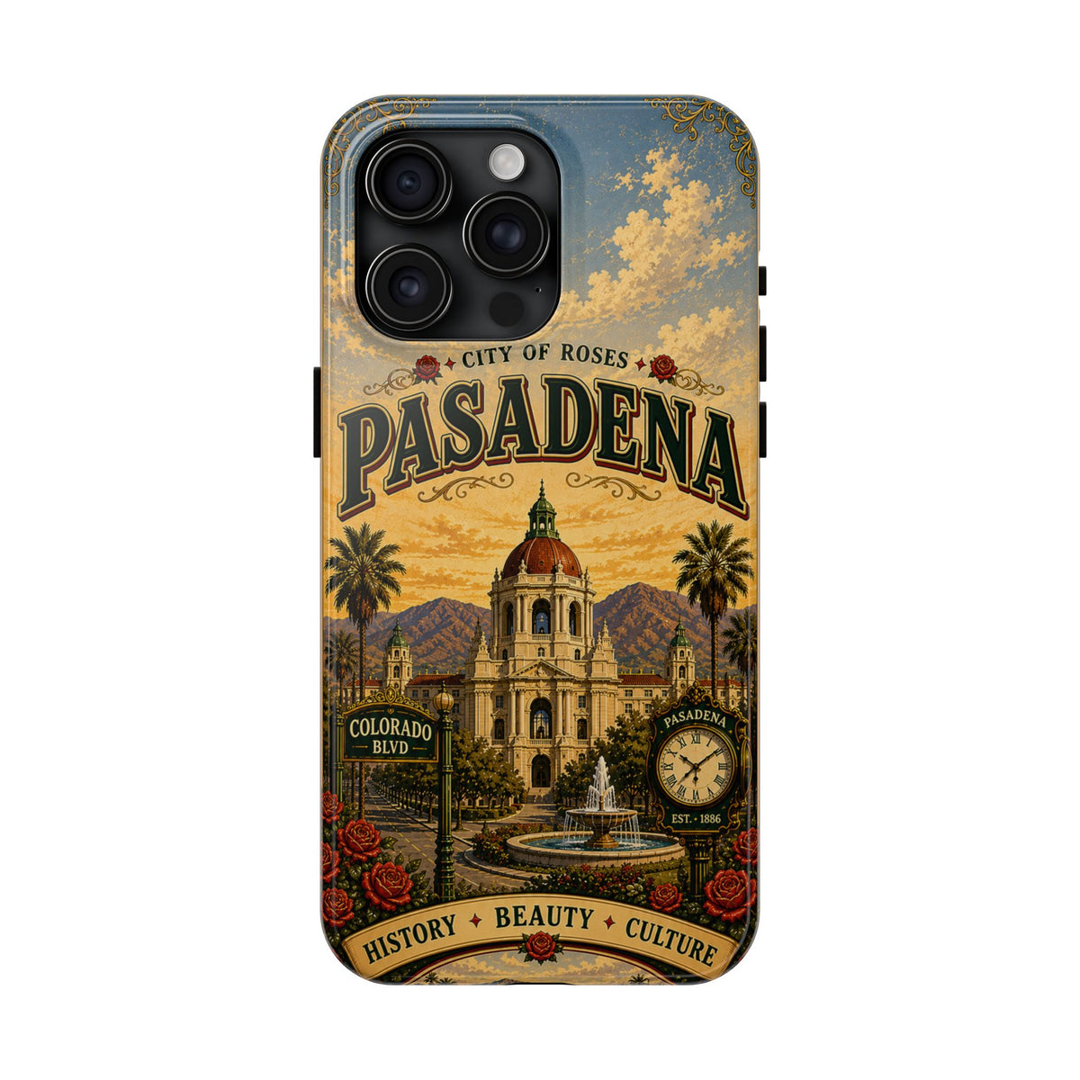 Pasadena City of Roses Faux Patchwork Phone Case – Vintage California Landmark Travel Art Cover