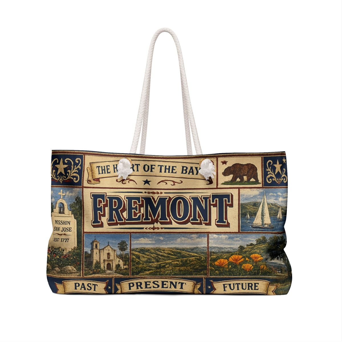 Fremont California Weekender Bag Heart of the Bay Faux Patchwork Travel Tote Mission San Jose Heritage Gift