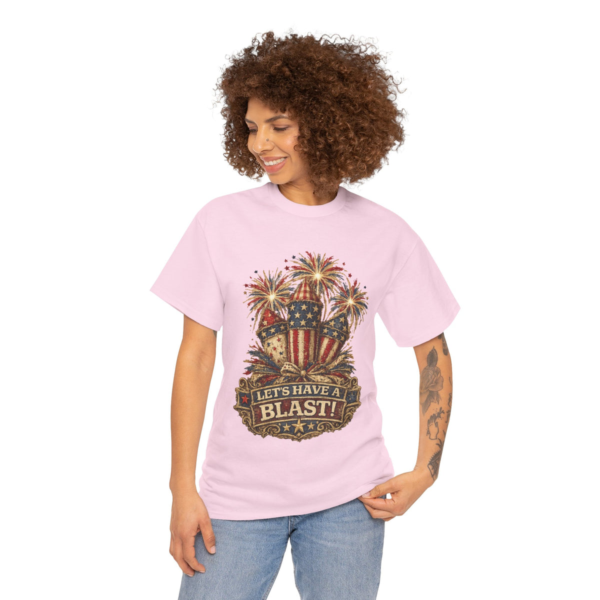 T-Shirt — "Let's Have a Blast!" American Flag Fireworks 4th of July Tee