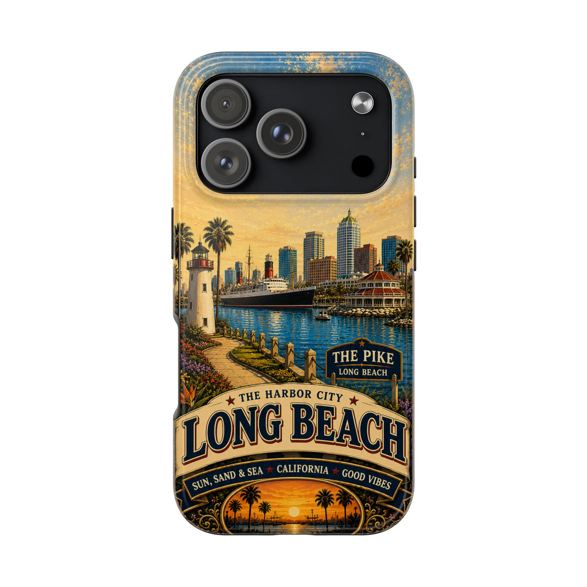 Long Beach Faux Patchwork Phone Case – Harbor City Coastal Retro Art, California Sunset Waterfront Cover