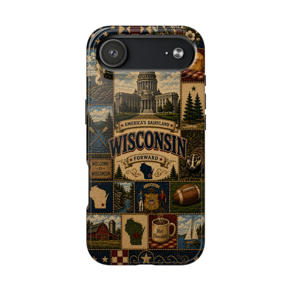 Wisconsin Faux Patchwork Phone Case Americas Dairyland Retro Barn Lighthouse Forward State Pride Cover