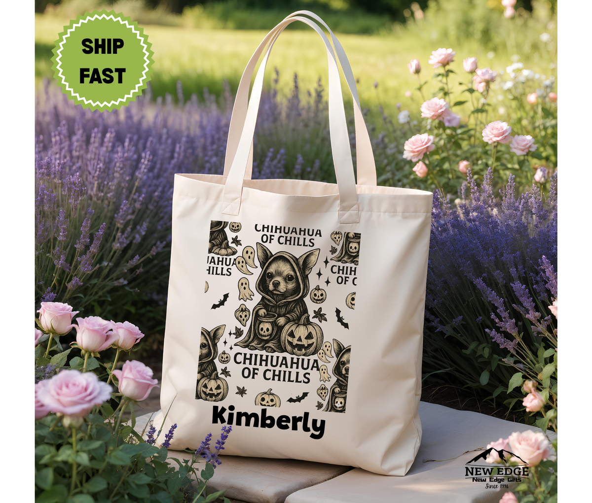 Personalized Halloween Tote Bag – Chihuahua in Hooded Robe with Ghosts, Bats & Skulls, Custom Pumpkin Ghost Cotton Canvas Bag