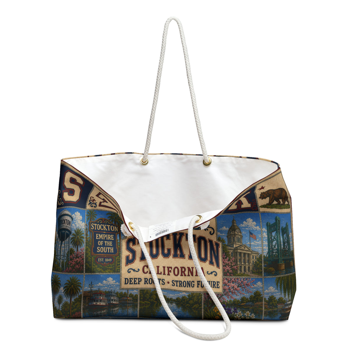 Stockton California Weekender Bag Deep Roots Strong Future Faux Patchwork Travel Tote Vintage River City Getaway Gift