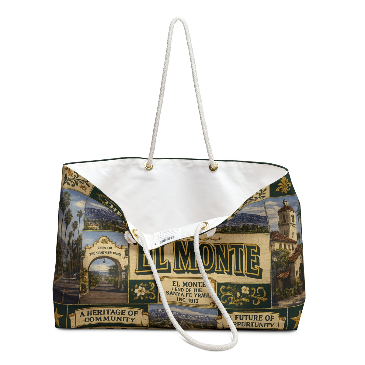 El Monte California Weekender Bag City of Pride Faux Patchwork Travel Tote End of the Santa Fe Trail Heritage Gift