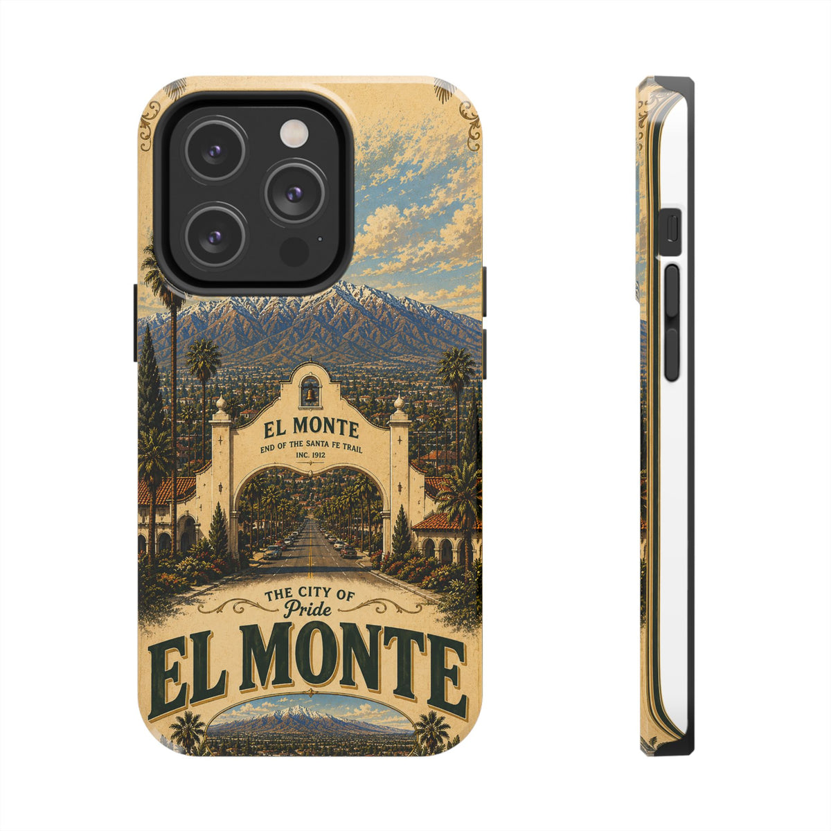 El Monte Faux Patchwork Phone Case – Santa Fe Trail Historic Archway Retro Travel Cover for iPhone 17 Samsung S26