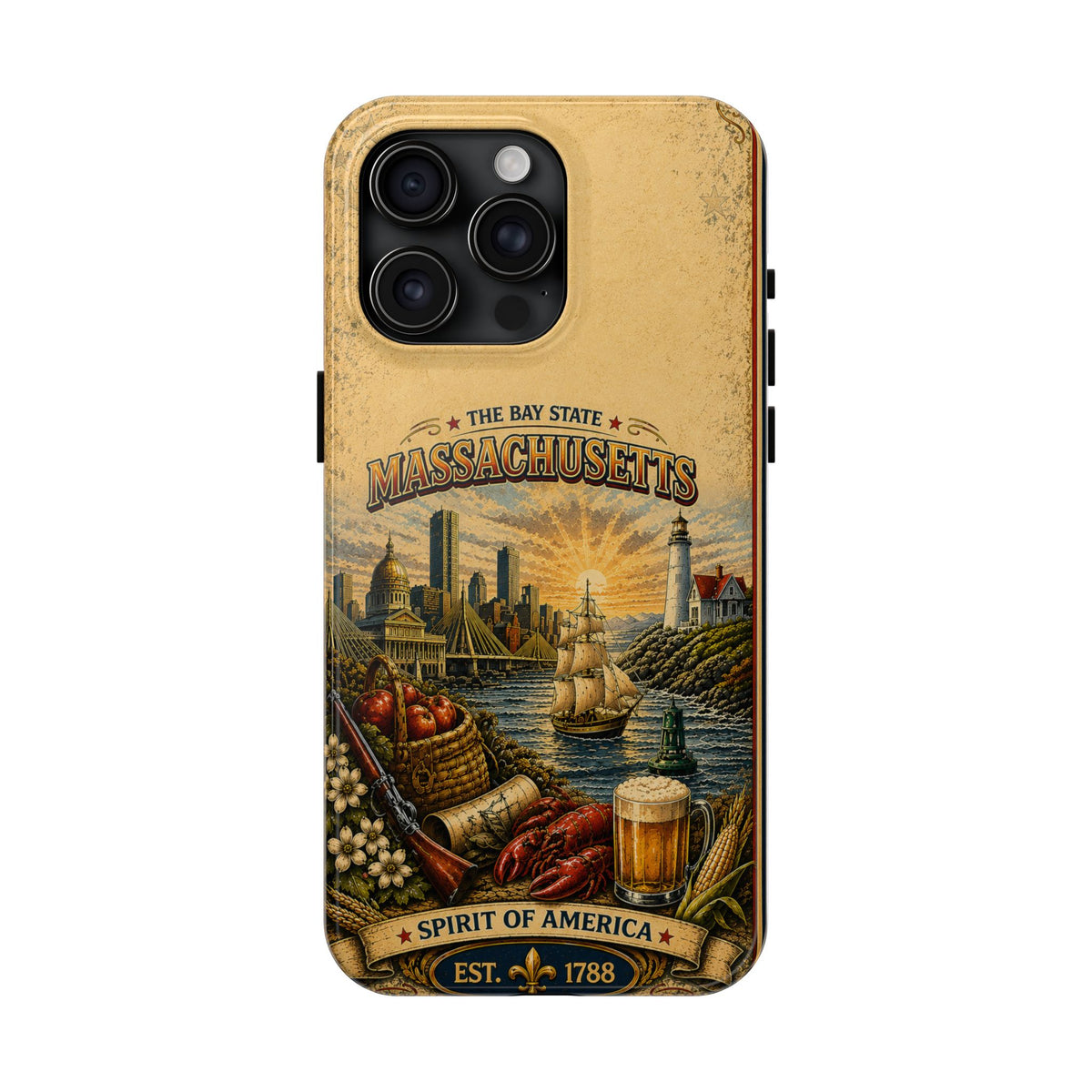 Massachusetts Bay State Faux Patchwork Phone Case – Vintage Travel Poster Style New England Souvenir Cover for iPhone & Samsung
