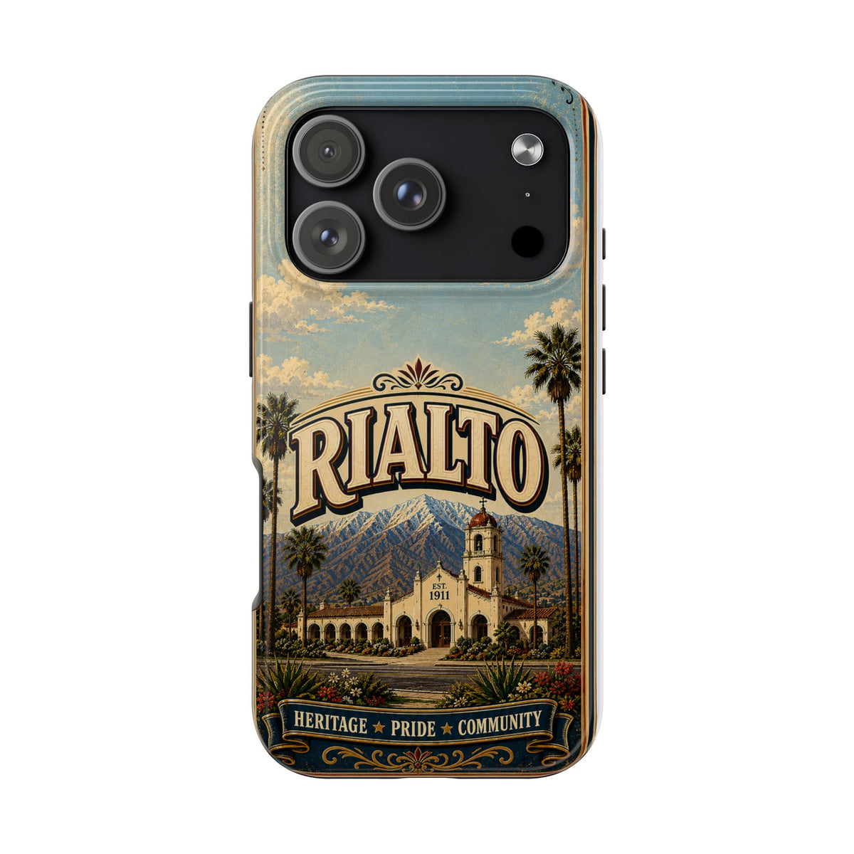 Rialto Heritage Pride Community Faux Patchwork Phone Case – Est 1911 Vintage California Travel Art Cover