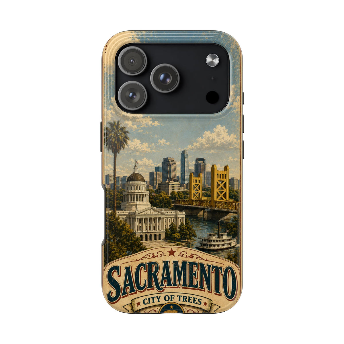 Sacramento City of Trees Faux Patchwork Phone Case Vintage California Landmark Travel Poster Cover