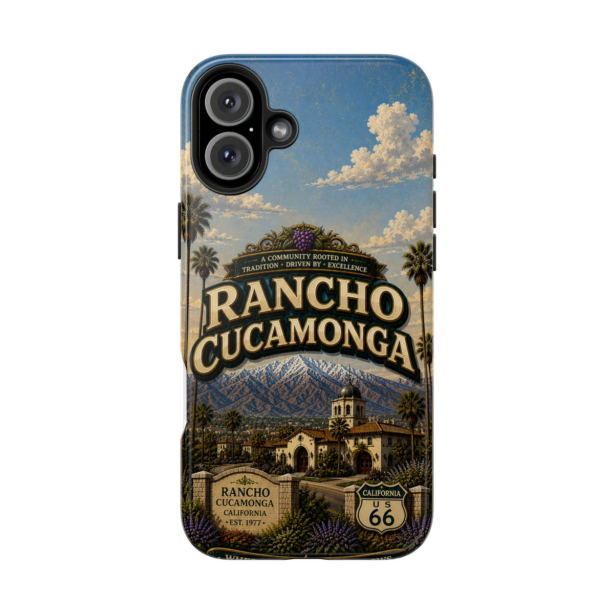 Rancho Cucamonga Where Opportunity Grows Faux Patchwork Phone Case – Route 66 Vintage Travel Art Cover