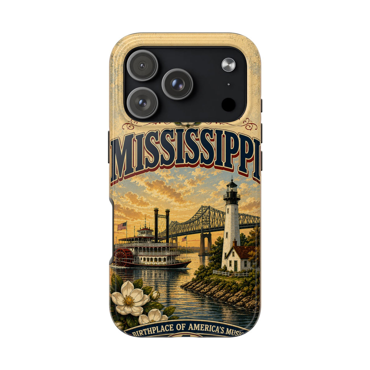 Mississippi Magnolia State Faux Patchwork Phone Case – Vintage Travel Poster Riverboat Lighthouse Design for iPhone & Samsung