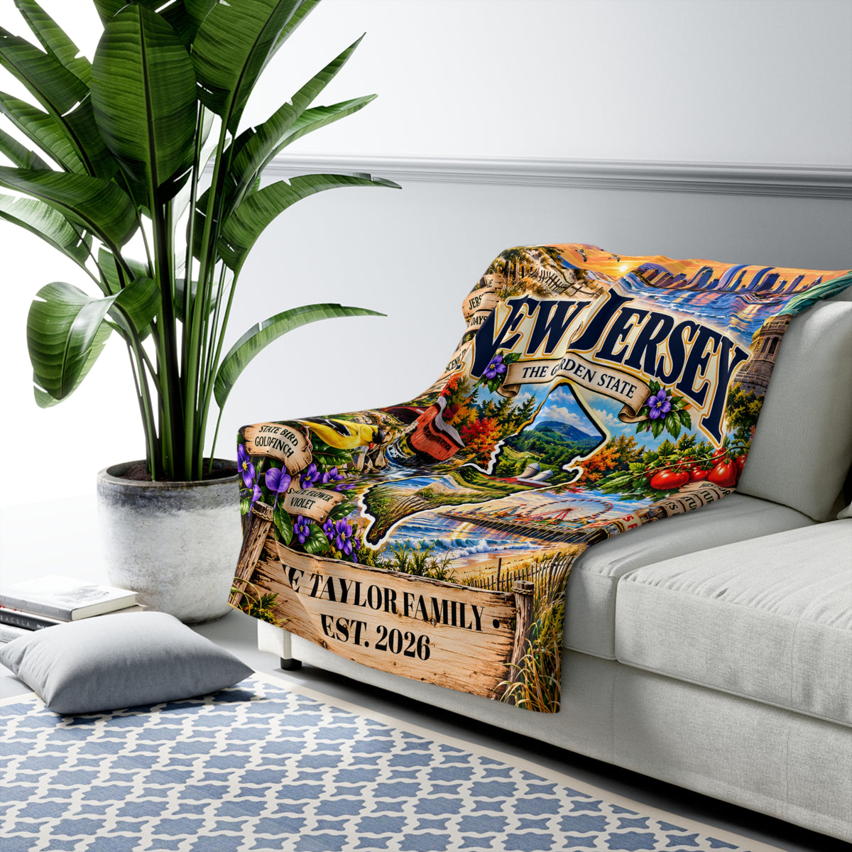 New Jersey Personalized Sherpa Blanket, Garden State Shore Lighthouse Custom Family Name Gift