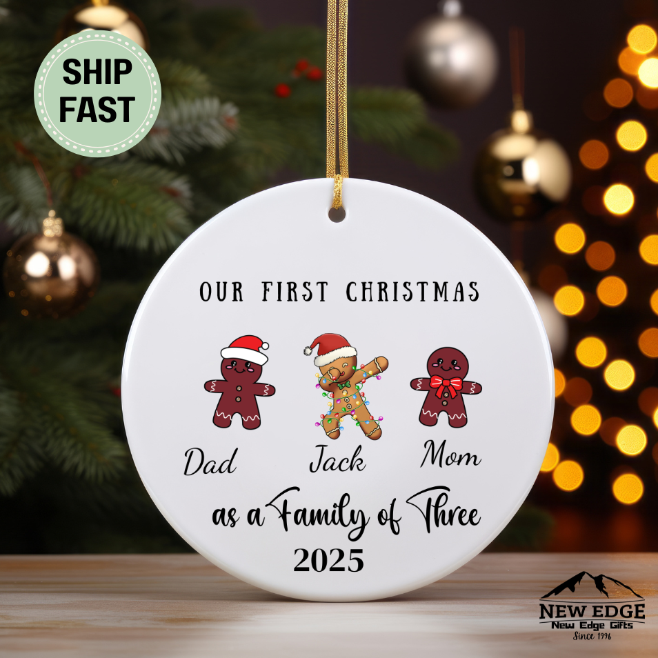 Personalized Family of Three Christmas Ceramic Ornament – Custom Holiday Keepsake