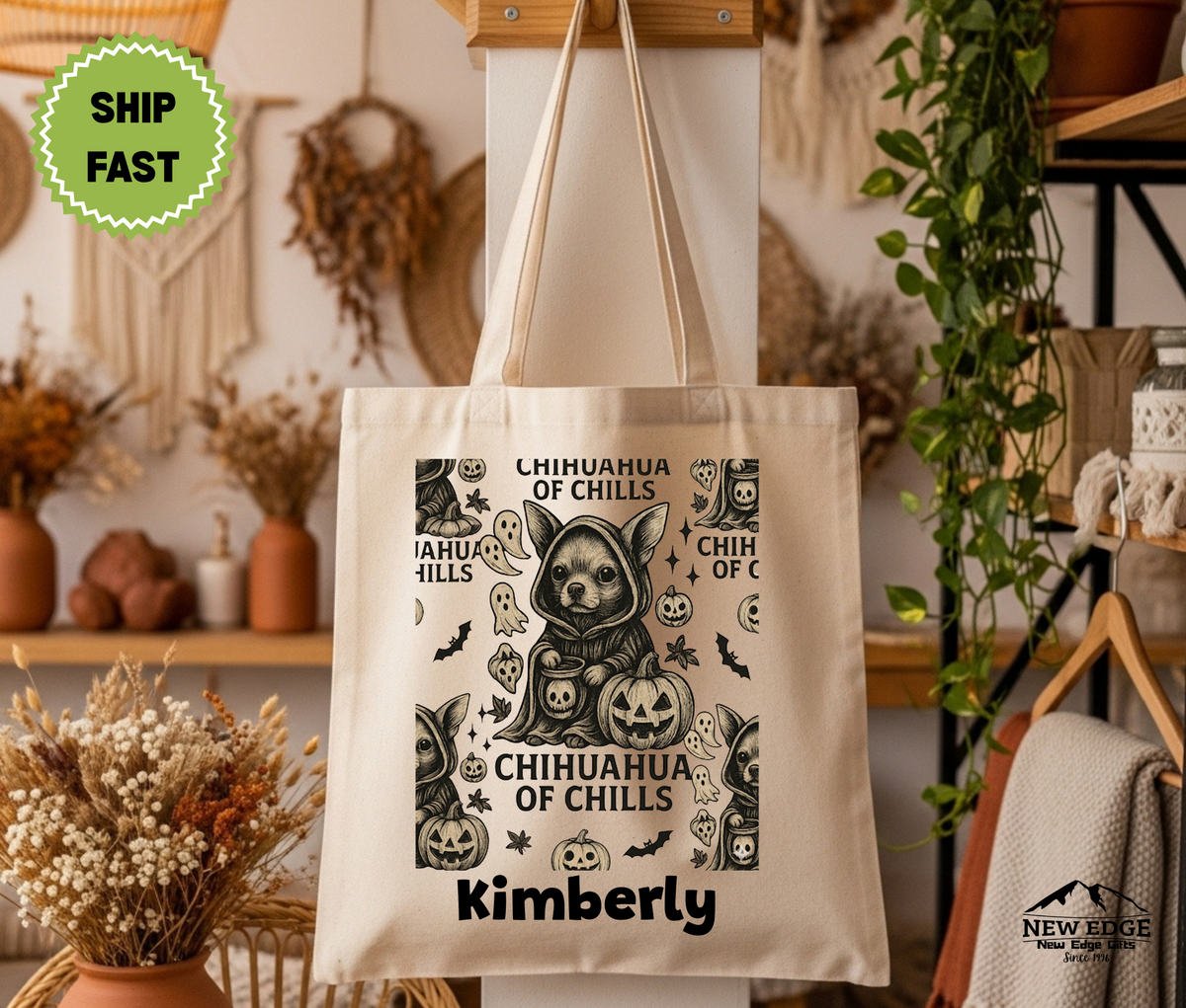 Personalized Halloween Tote Bag – Chihuahua in Hooded Robe with Ghosts, Bats & Skulls, Custom Pumpkin Ghost Cotton Canvas Bag