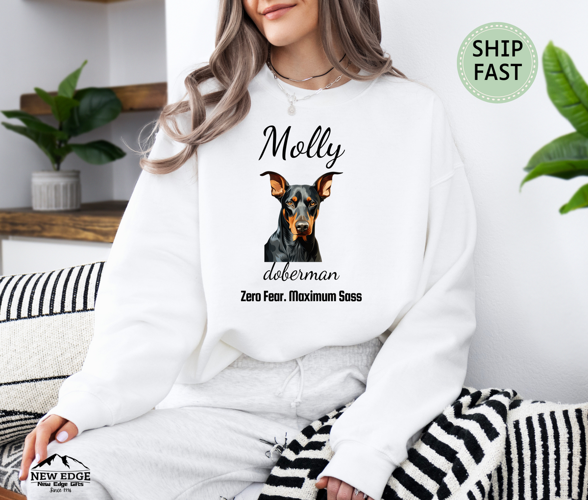 Doberman “Zero Fear. Maximum Sass” Personalized Unisex Sweatshirt | Custom Dog Breed Gift for Dog Lovers