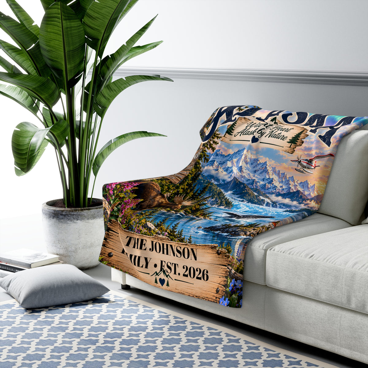 Alaska Personalized Sherpa Fleece Blanket, Scenic Landmarks Wildlife Custom Family Name State Blanket