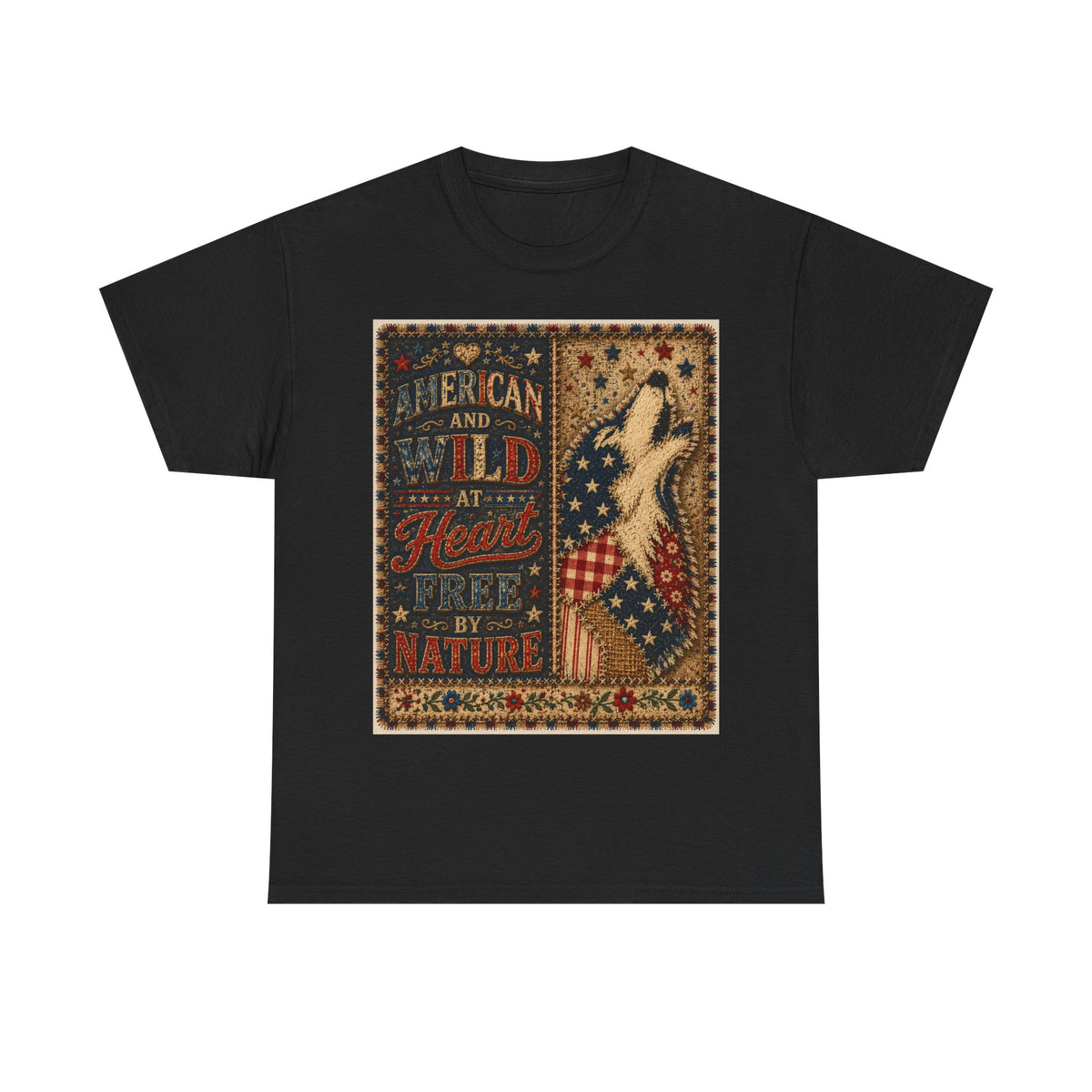 Patriotic Retro Tee – "American and Wild at Heart, Free by Nature" Flag Silhouette Shirt