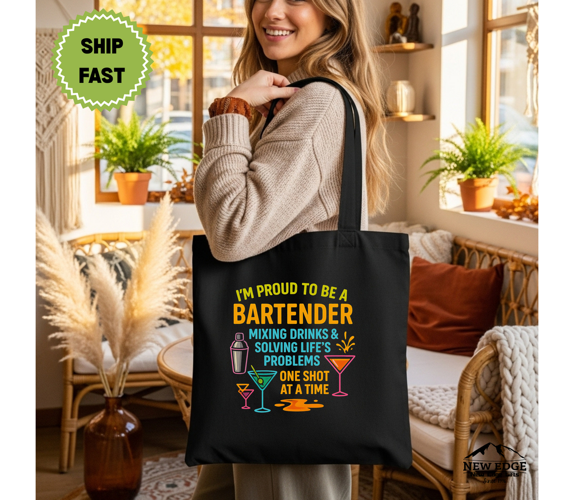 Proud to Be a Bartender Cotton Canvas Tote Bag – “Mixing Memories, One Drink at a Time” | Funny Bartender Gift, Cocktail Lover Bag, Reusable Work Tote