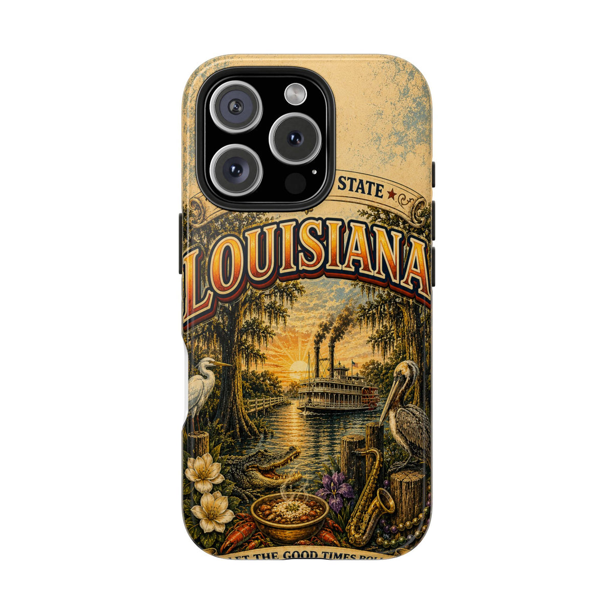 Louisiana Bayou State Faux Patchwork Phone Case – Vintage Travel Poster Style Louisiana Souvenir Cover for iPhone & Samsung
