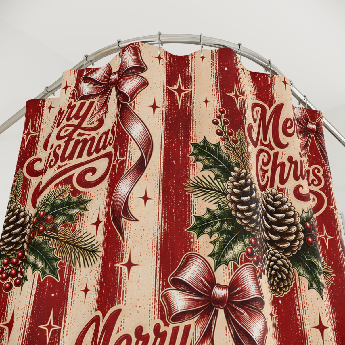Merry Christmas Shower Curtain Pinecones Holly Berries Red Bows Rustic Stripes Farmhouse Holiday Bathroom Decor