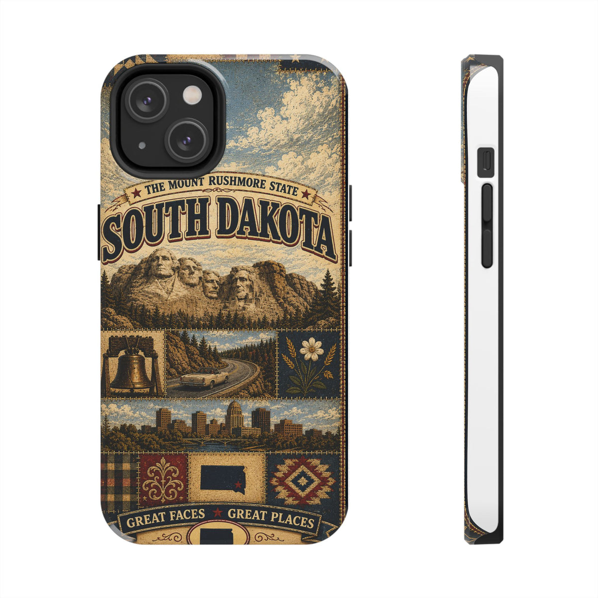 South Dakota Faux Patchwork Phone Case Mount Rushmore State Retro Bison Scenic Road State Pride Cover