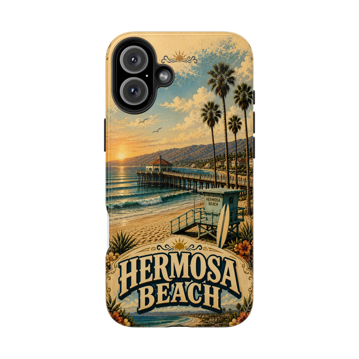 Coastal Pier Faux Patchwork Phone Case – Sunset Waves & Surf Retro California Beach Art Cover