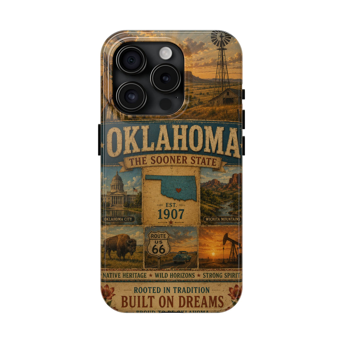 write me a title and product description for this United State phone case with Slogan  "Oklahoma Faux Patchwork Phone Case The Sooner State Vintage Travel Poster Retro State Pride Cover Est 1907"...